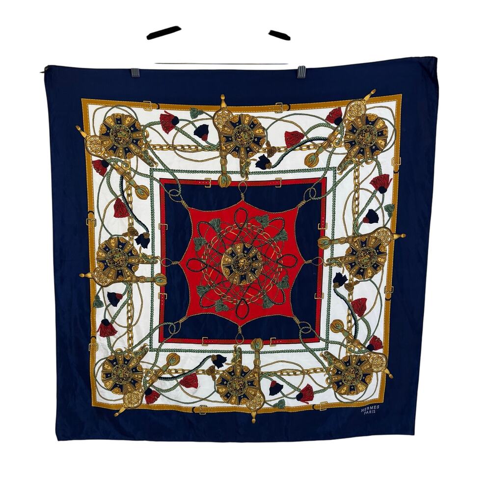 Vintage Authentic Hermes Paris Square Scarf 34X34 Multi Silk Lion Medallion Rope
